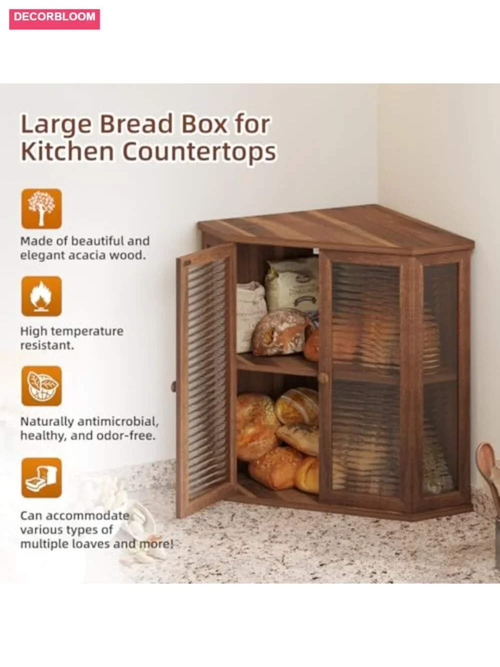 Extra Large Acacia Wood Corner Bread Box with Glass Wavy Door, Farmhouse